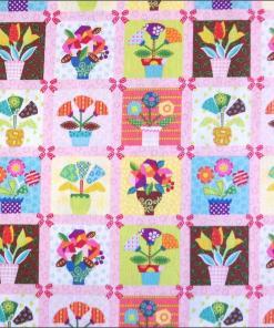 Dressmaking Fabric | Flower Pots Patchwork Square Cotton Fabric | More Sewing