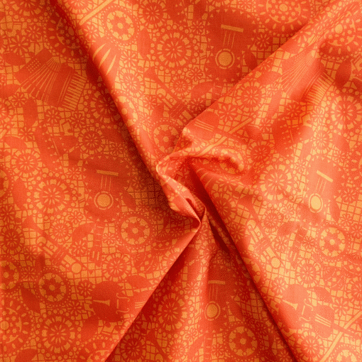 Mariachi Orange Cotton Fabric. Two tone orange with musical instruments. A bright lively design, great for dressmaking and craft projects.
