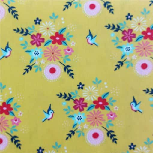Dressmaking Fabric | Birdy Flowers on Yellow Cotton Poplin | More Sewing