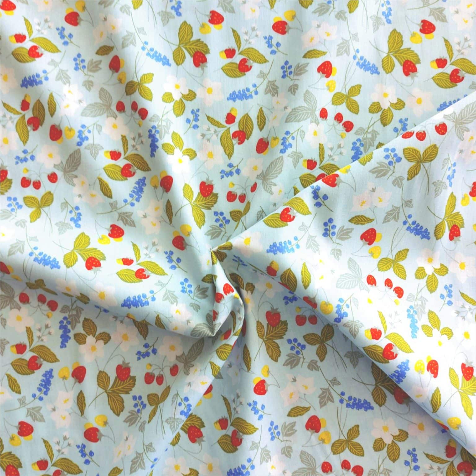 Strawberry Cotton On Pale Blue | More Sewing