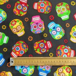 sugar skull on black cotton dress fabric