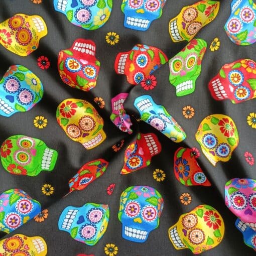 Cotton Fabric - Day Of The Dead Skulls on Black - 110cm Wide 1