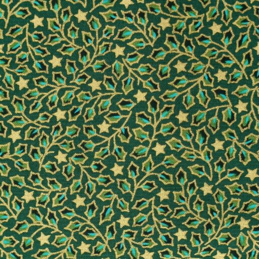 Cotton Fabric - Christmas Holly And Stars On Green - 135cm Wide 1
