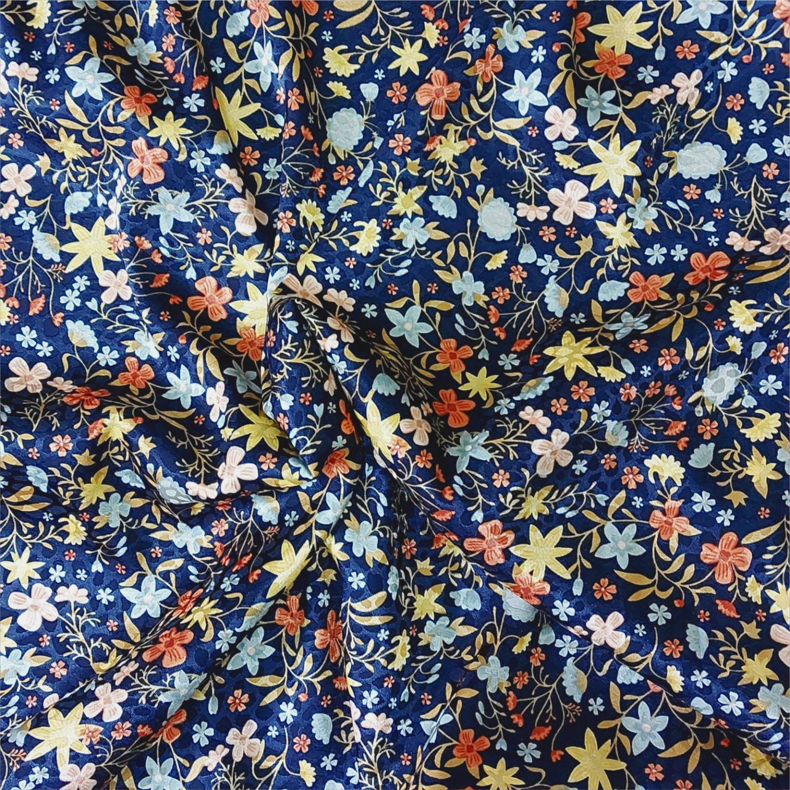 Satin Jacquard Flowers on Blue | More Sewing