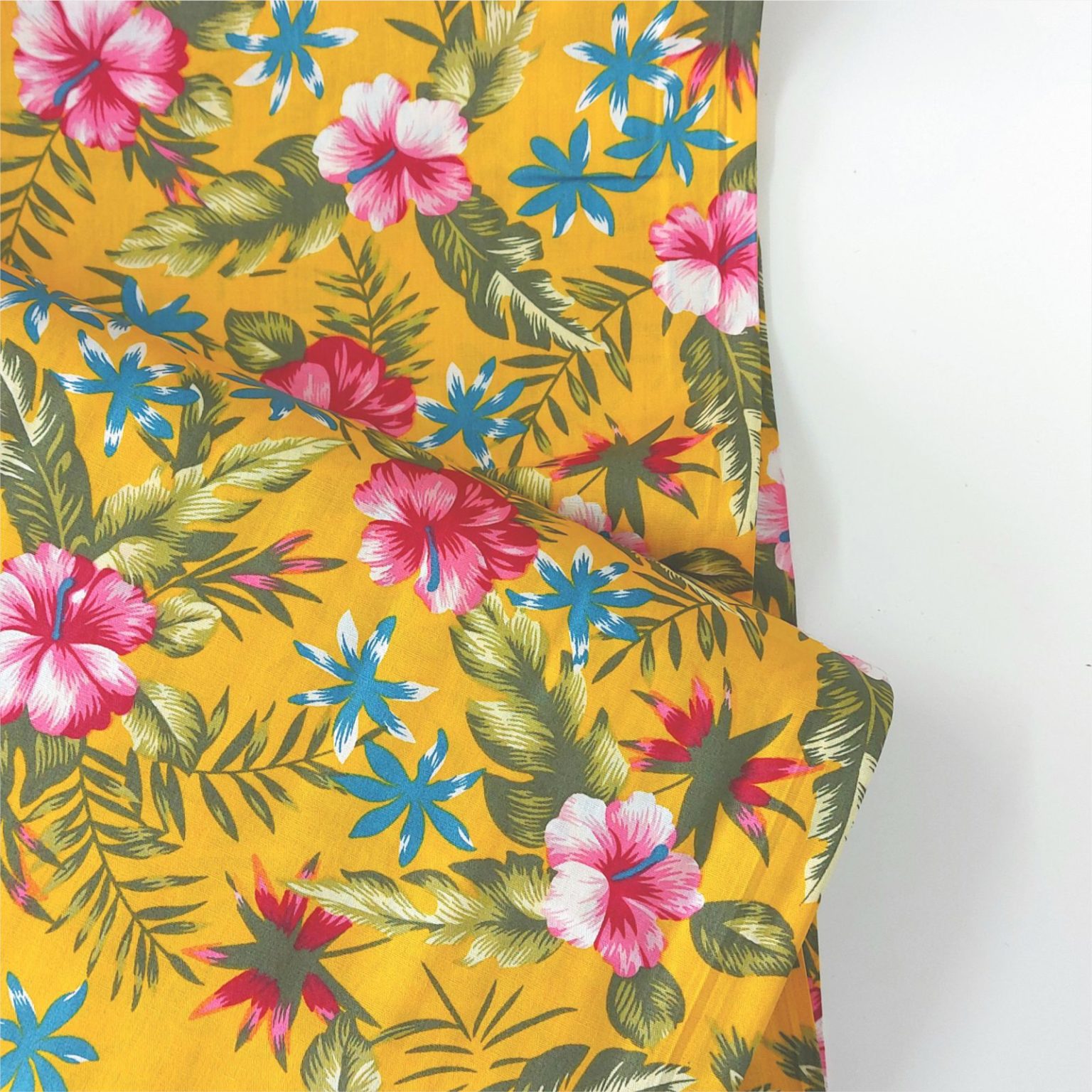 tropcial floral on yellow cotton fabric | More Sewing