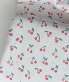 Cherry on White Cotton Organic Jersey Fabric | More Sewing