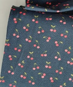 cherry on navy cotton organic jersey fabric | More Sewng