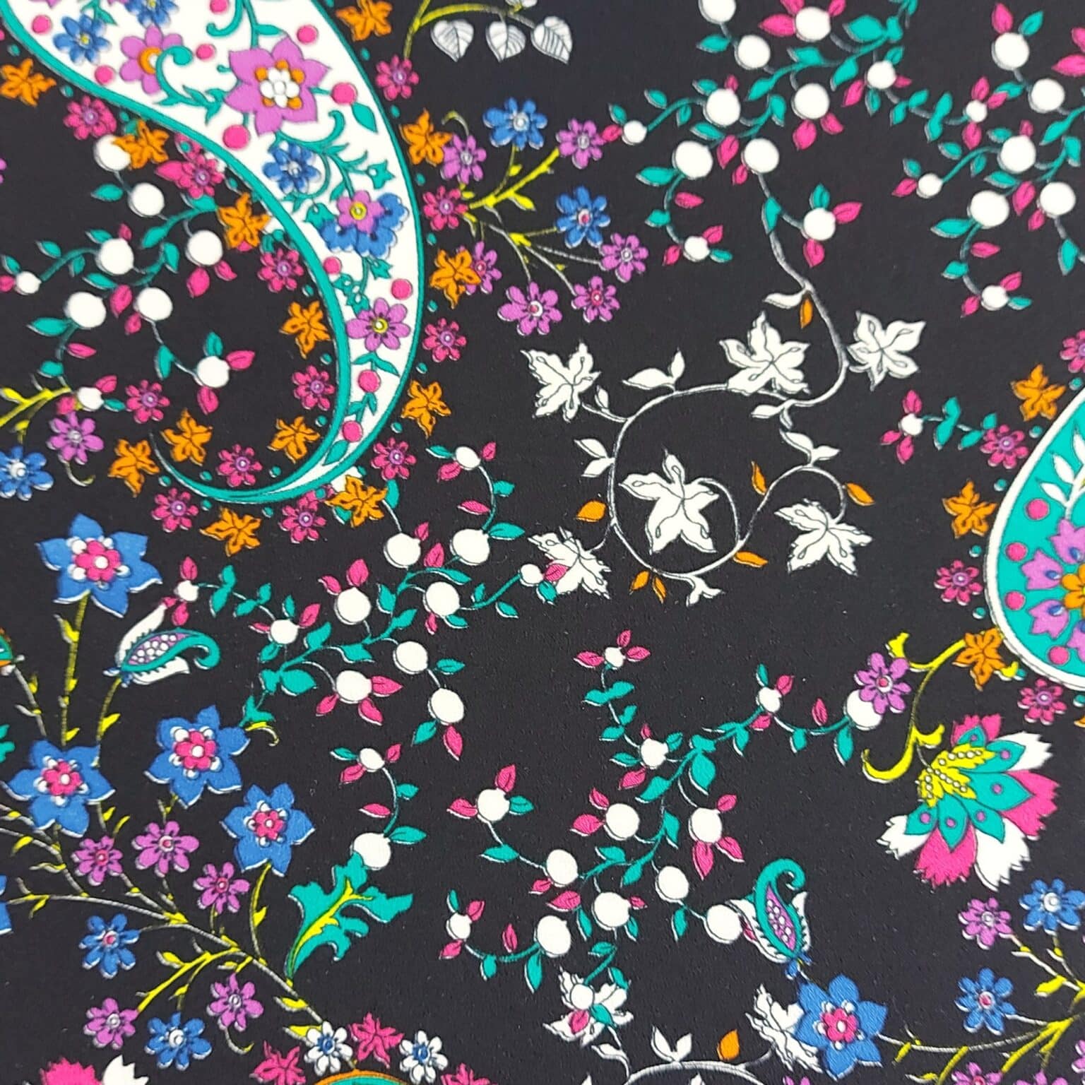 Paisley On Black Smooth Polyester Crepe at More Sewing