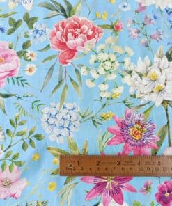 Cotton Fabric - Passionflower On Blue - 150cm Wide