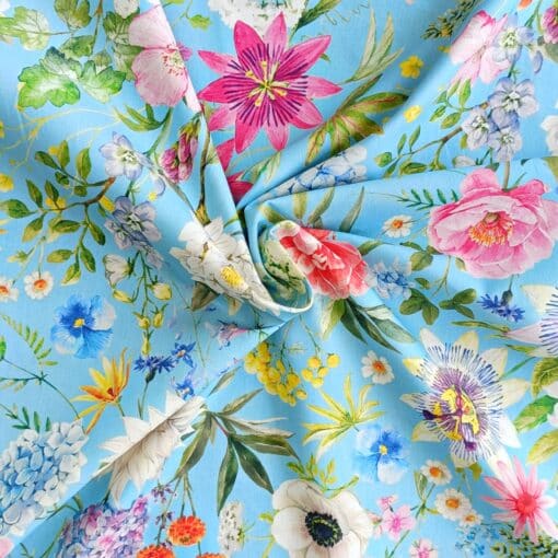 Cotton Fabric - Passionflower On Blue - 150cm Wide 1