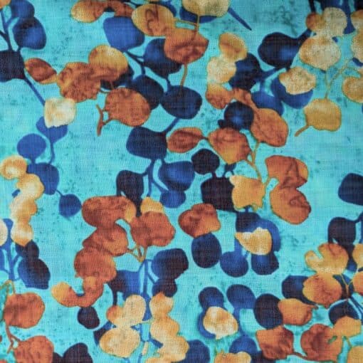 Cotton Rayon Mix Fabric - Leaves On Turquoise - 145cm Wide