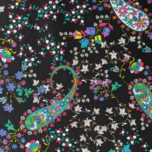 Paisley On Black Smooth Polyester Crepe, 145cm Wide | More Sewing