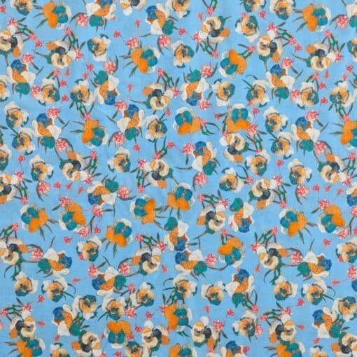 Cotton Lawn Fabric - Floral Spots On Blue - 140cm Wide