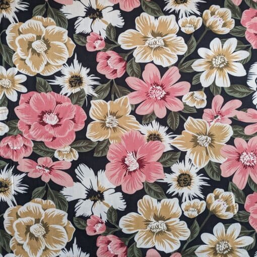 Viscose Fabric - Floral On Black - 140cm Wide