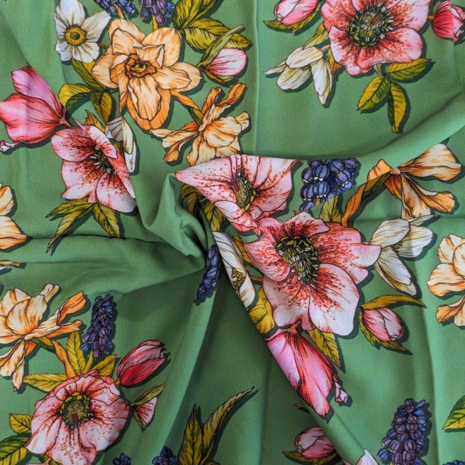 Viscose Fabric - Floral On Green - 140cm Wide REMNANT