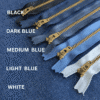 YKK Brass Jeans Zip - 6 inch / 15cm - Black, Dark Blue, Medium Blue, Light Blue And White