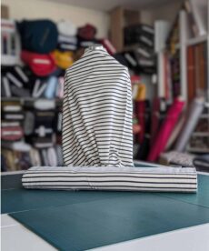 Cotton Jersey Fabric French Terry - Yarn Dyed Stripe - Cream with Navy Blue - Four Way Stretch - 155cm Wide