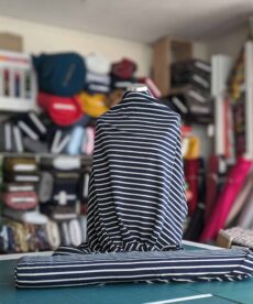 Cotton Jersey Fabric French Terry, Yarn Dyed Stripe, Navy Blue With Cream, 155cm Wide