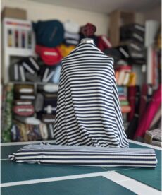 Cotton Jersey Fabric - Yarn Dyed Stripe - Ribbed - Navy Blue And Cream - Four Way Stretch - 145cm Wide