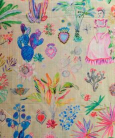Faux Silk Fabric Frida Kahlo Cactus Garden