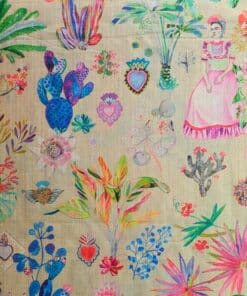 Faux Silk Fabric Frida Kahlo Cactus Garden