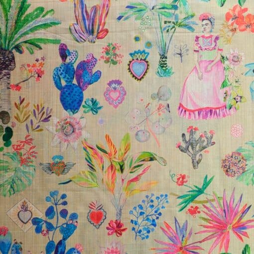 Faux Silk Fabric Frida Kahlo Cactus Garden