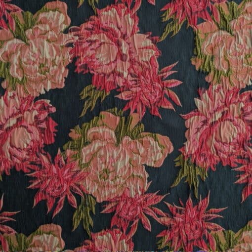 Deadstock Polyester Stretch Brocade Fabric Floral - Black