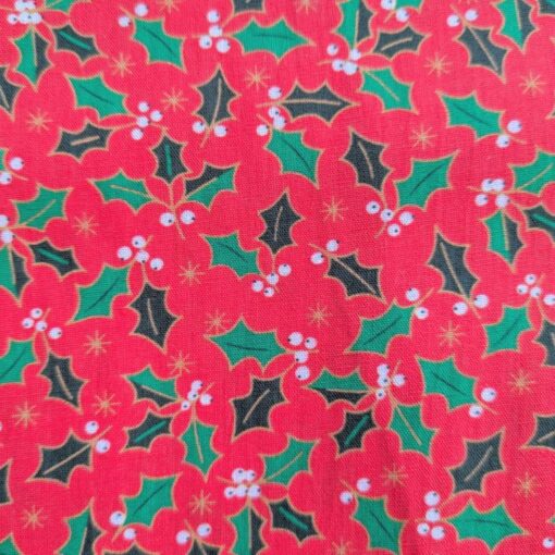 Cotton Fabric - Christmas Holly On Red - 150cm Wide