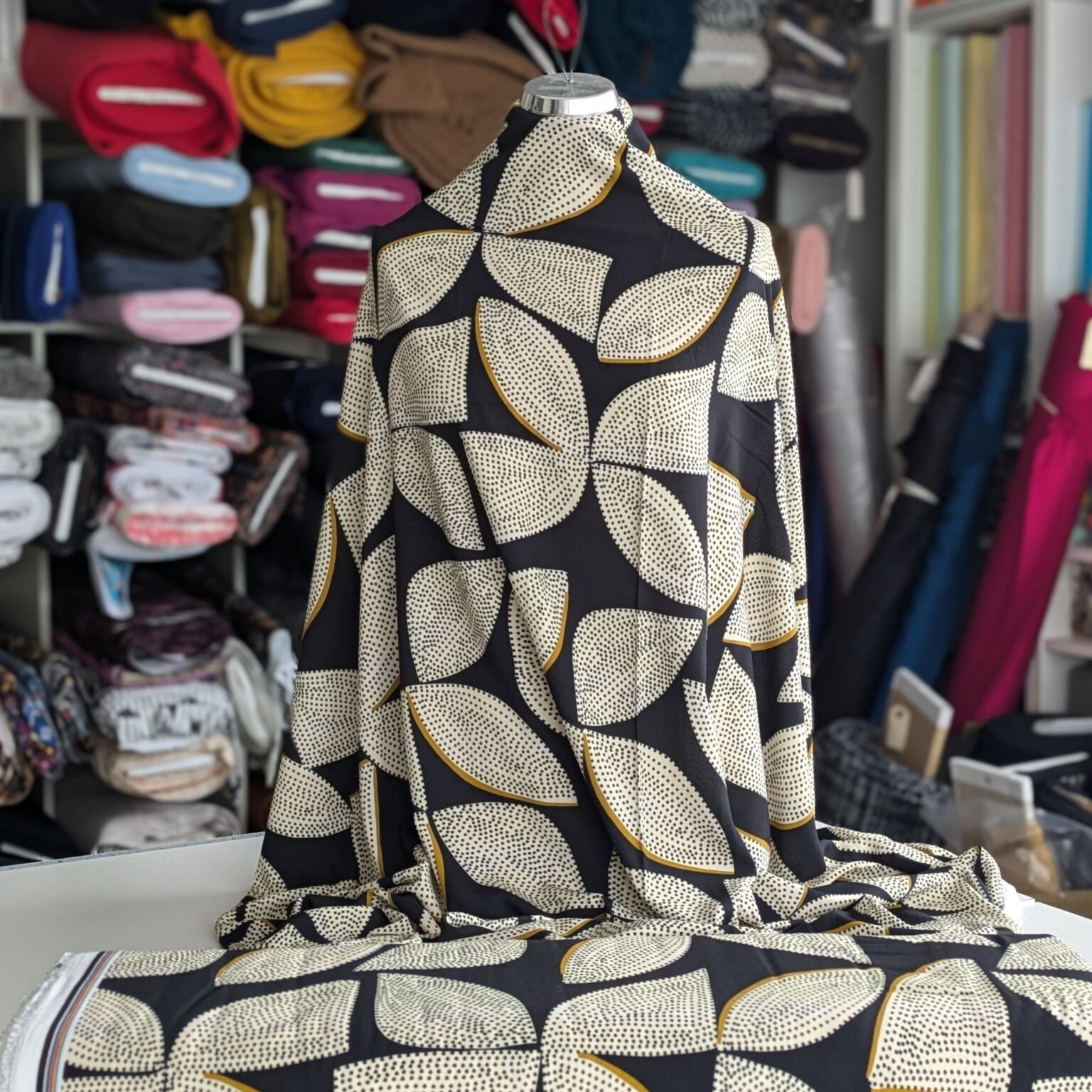 Viscose fabric with a Graphic Leaf design, available to buy from More Sewing