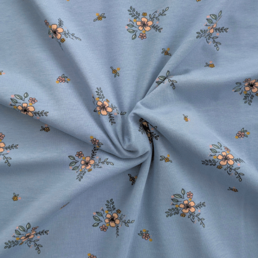 Cotton Jersey Fabric - Floral On Blue - Four Way Stretch – Organic