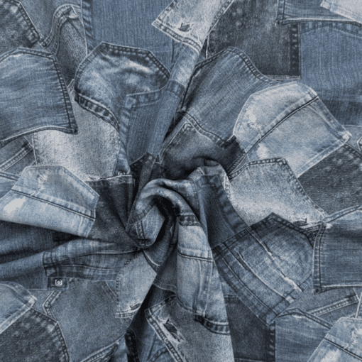 Cotton Jersey Fabric - Jeans Patchwork - Four Way Stretch – Oeko Tex