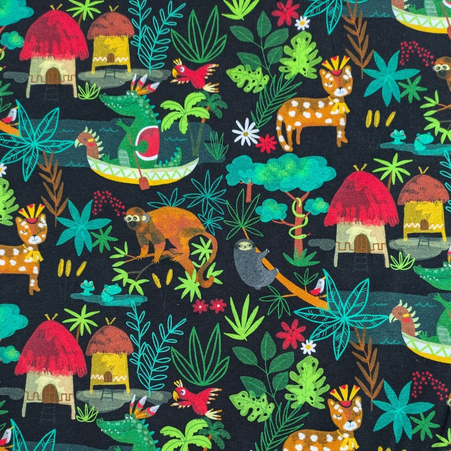 Cotton Jersey Fabric Jungle Animals Four Way Stretch Organic