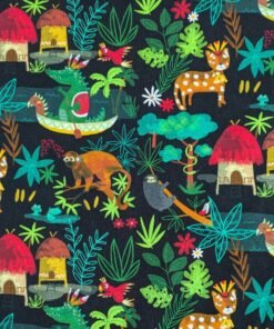 Cotton Jersey Fabric Jungle Animals Four Way Stretch Organic