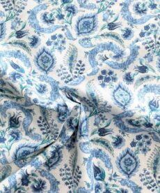 Pima Cotton Lawn Fabric Bridgerton Style Floral Blue and Aqua On Ivory 135cm Wide