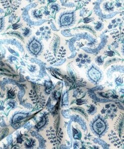 Pima Cotton Lawn Fabric Bridgerton Style Floral Blue and Aqua On Ivory 135cm Wide