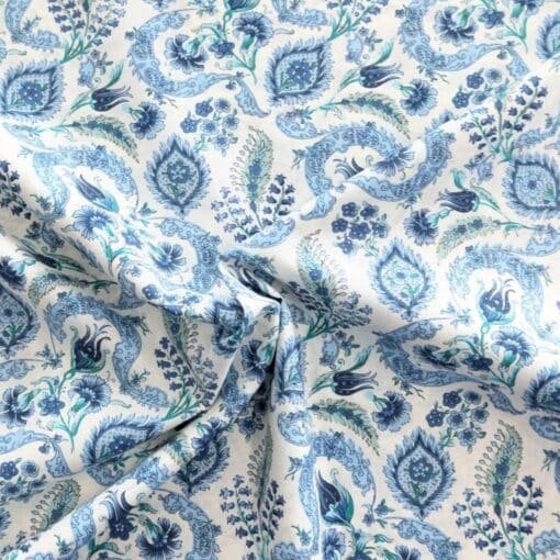 Pima Cotton Lawn Fabric Bridgerton Style Floral Blue and Aqua On Ivory 135cm Wide