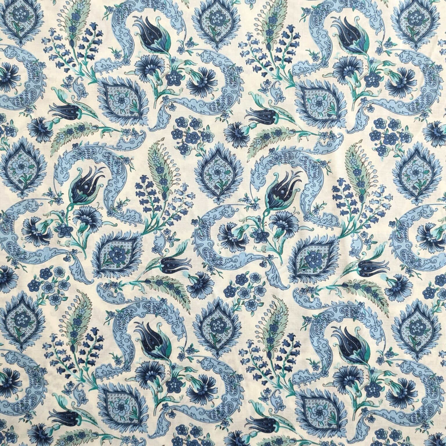Pima Cotton Lawn Fabric Bridgerton Style Floral Blue and Aqua On Ivory 135cm Wide