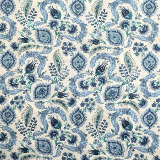 Pima Cotton Lawn Fabric Bridgerton Style Floral Blue and Aqua On Ivory 135cm Wide