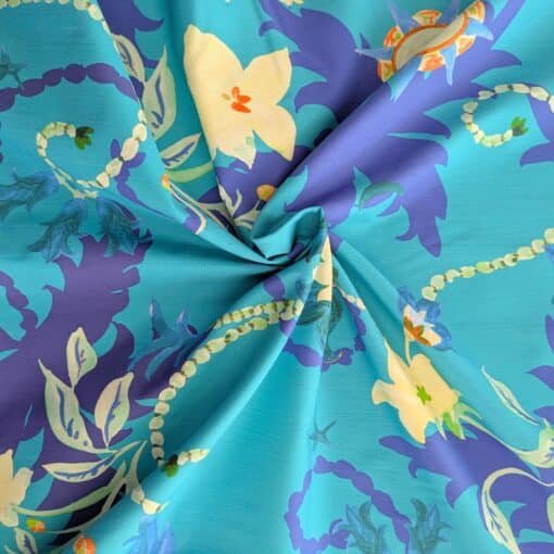 Cotton Poplin Fabric Bright Blue Floral Ex Designer Deadstock 145cm Wide