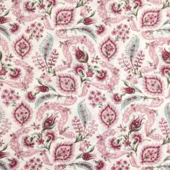 Pima Cotton Lawn Fabric Bridgerton Style Floral Red Pink & Aqua On Ivory 135cm Wide
