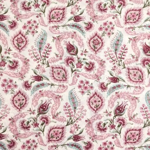 Pima Cotton Lawn Fabric Bridgerton Style Floral Red Pink & Aqua On Ivory 135cm Wide