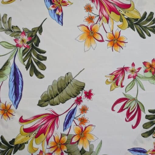 Cotton Poplin Fabric Tropical Floral On Ivory Deadstock 145cm Wide