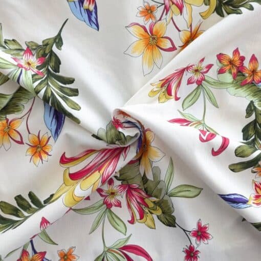 Cotton Poplin Fabric Tropical Floral On Ivory Deadstock 145cm Wide