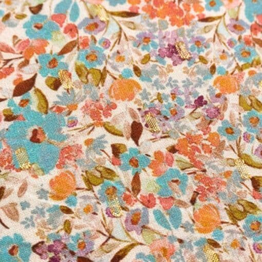 Viscose Fabric Turquoise Ditsy Floral With Gold Lurex Deadstock 140cm Wide