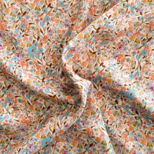 Viscose Fabric Turquoise Ditsy Floral With Gold Lurex Deadstock 140cm Wide