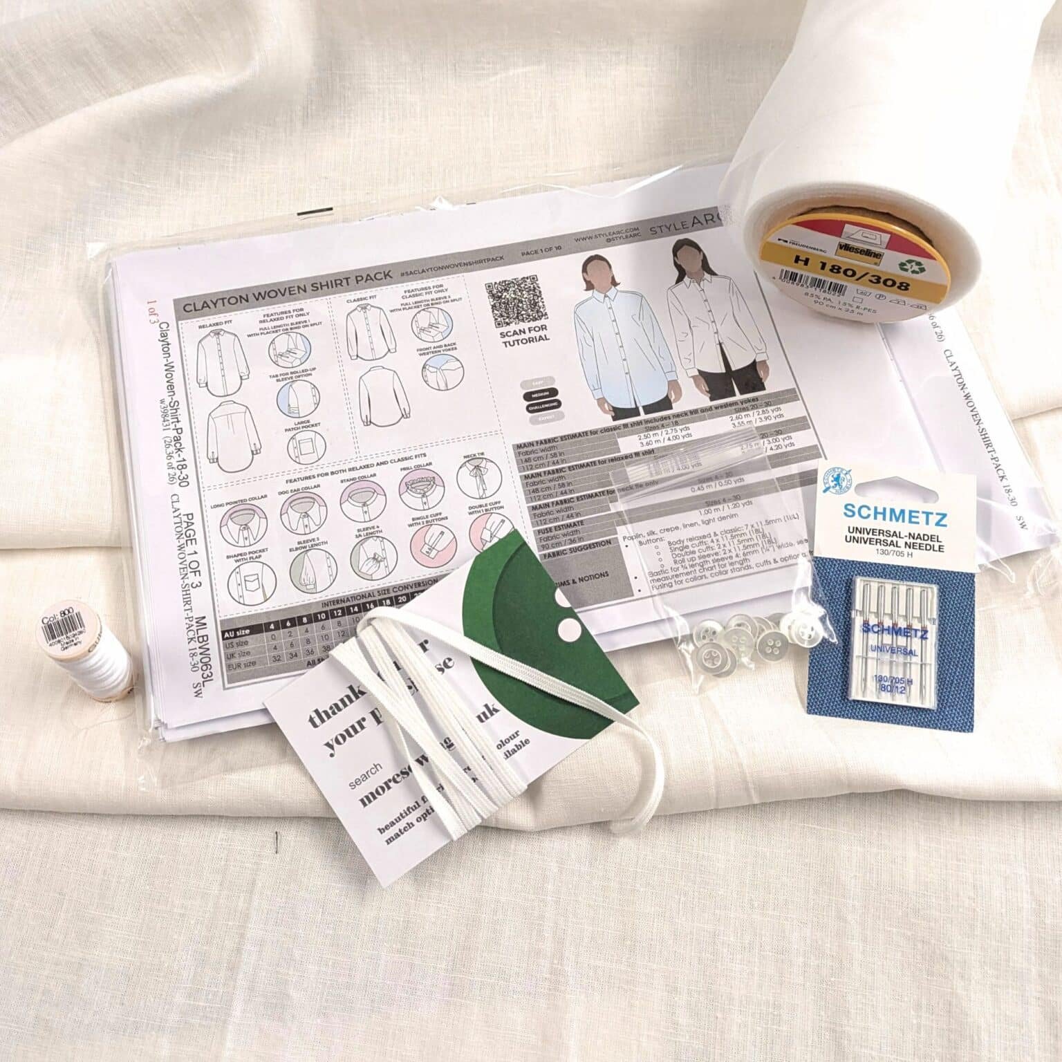 Clayton Woven Shirt Dressmaking Kit White Linen Fabric
