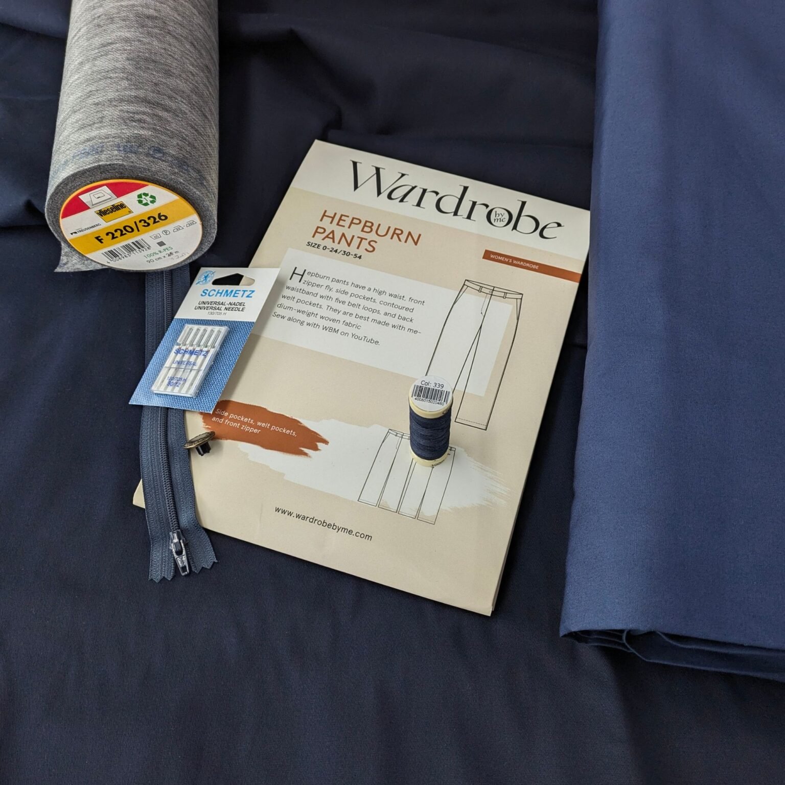 Hepburn Pants Dressmaking Kit Navy Blue Peach Finish Cotton Fabric