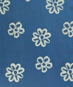 Stretch Denim Fabric Cotton Blend Blue With White Painted Floral Lightweight 160cm Wide