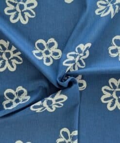 Stretch Denim Fabric Cotton Blend Blue With White Painted Floral Lightweight 160cm Wide