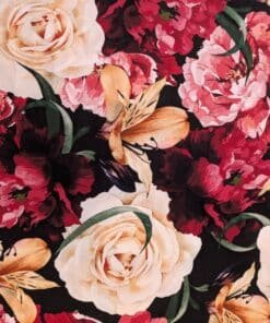 Viscose Fabric Rose And Lily Print On Black Digital Print 140cms Wide